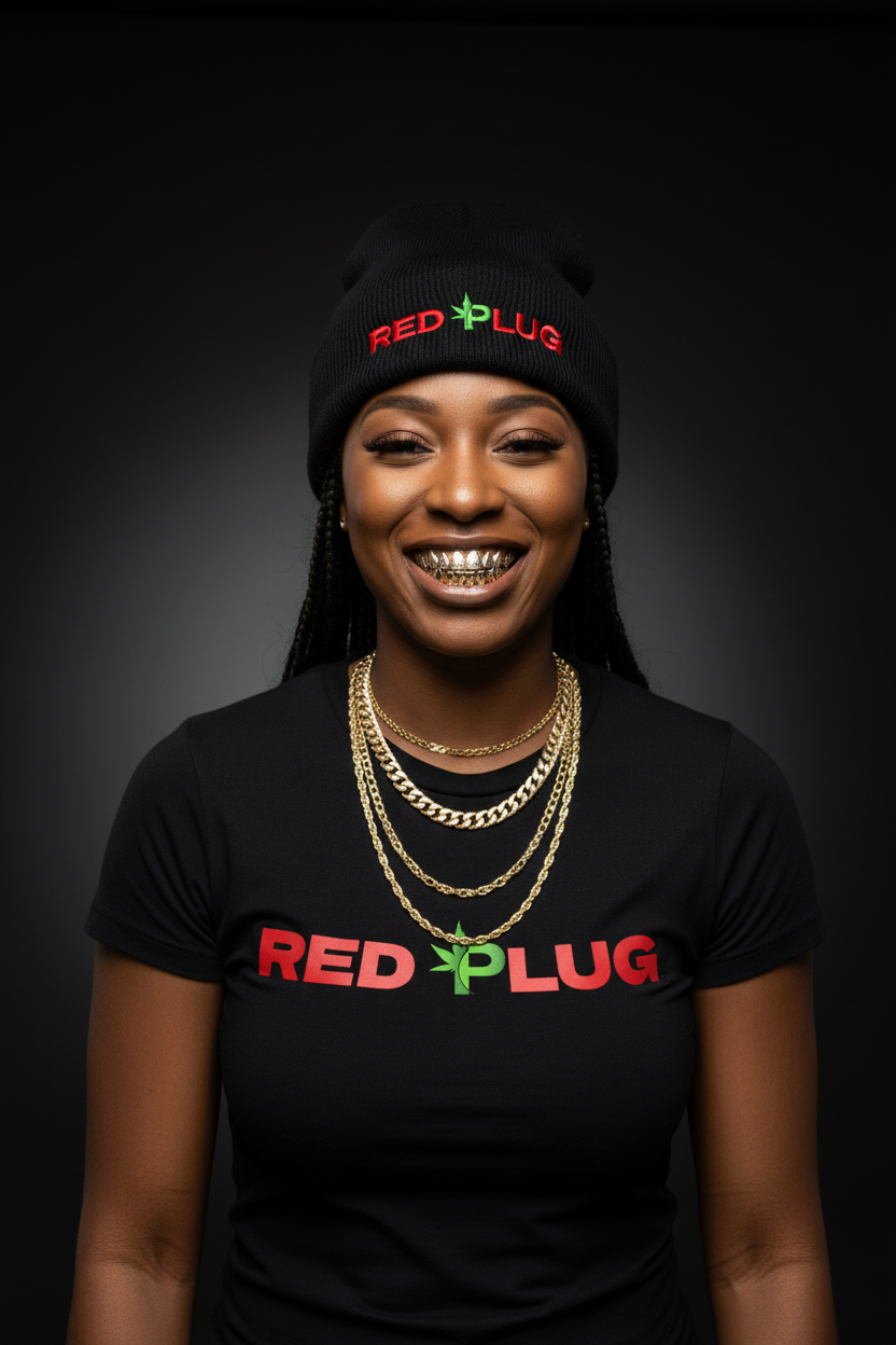 Black woman in Red Plug fitted shirt and branded beanie with grills and gold chains