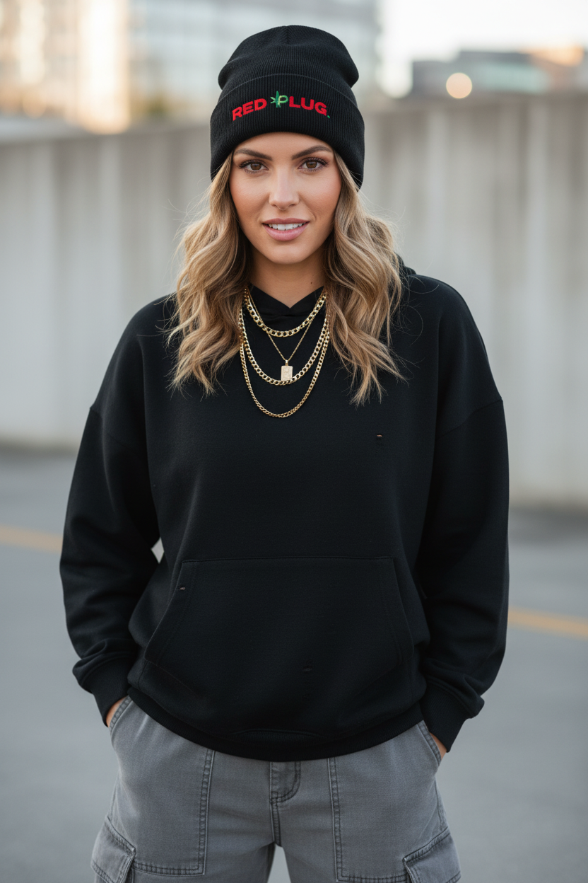 Red Plug Beanie - Caucasian Model