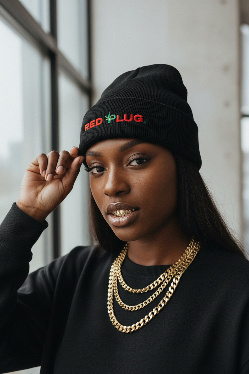 Red Plug Beanie Female Lifestyle Mockup