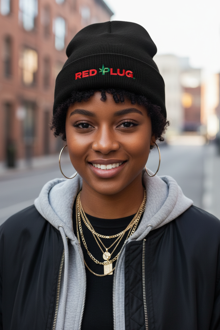 Red Plug Beanie Lifestyle Mockup - Clean