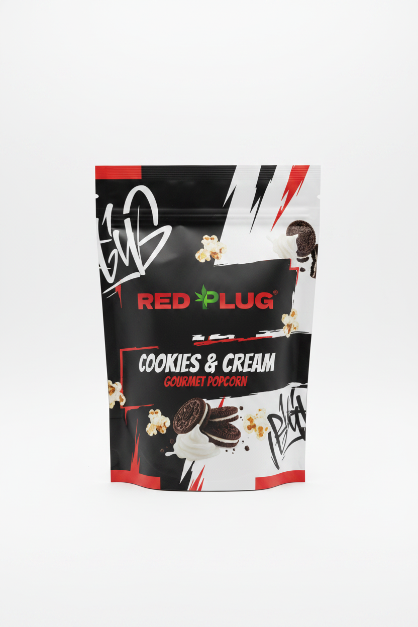 Red Plug Cookies and Cream Popcorn Bag with Logo